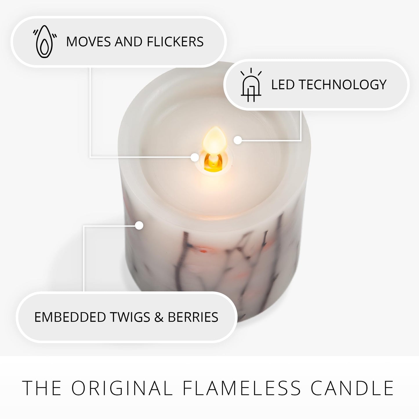 Luminara Embedded Flameless LED Candle Orange Berries & Twigs Pillar 3.2" x 4.5" - Moving Flame Pillar, Battery Operated Timer, Real Wax, Unscented