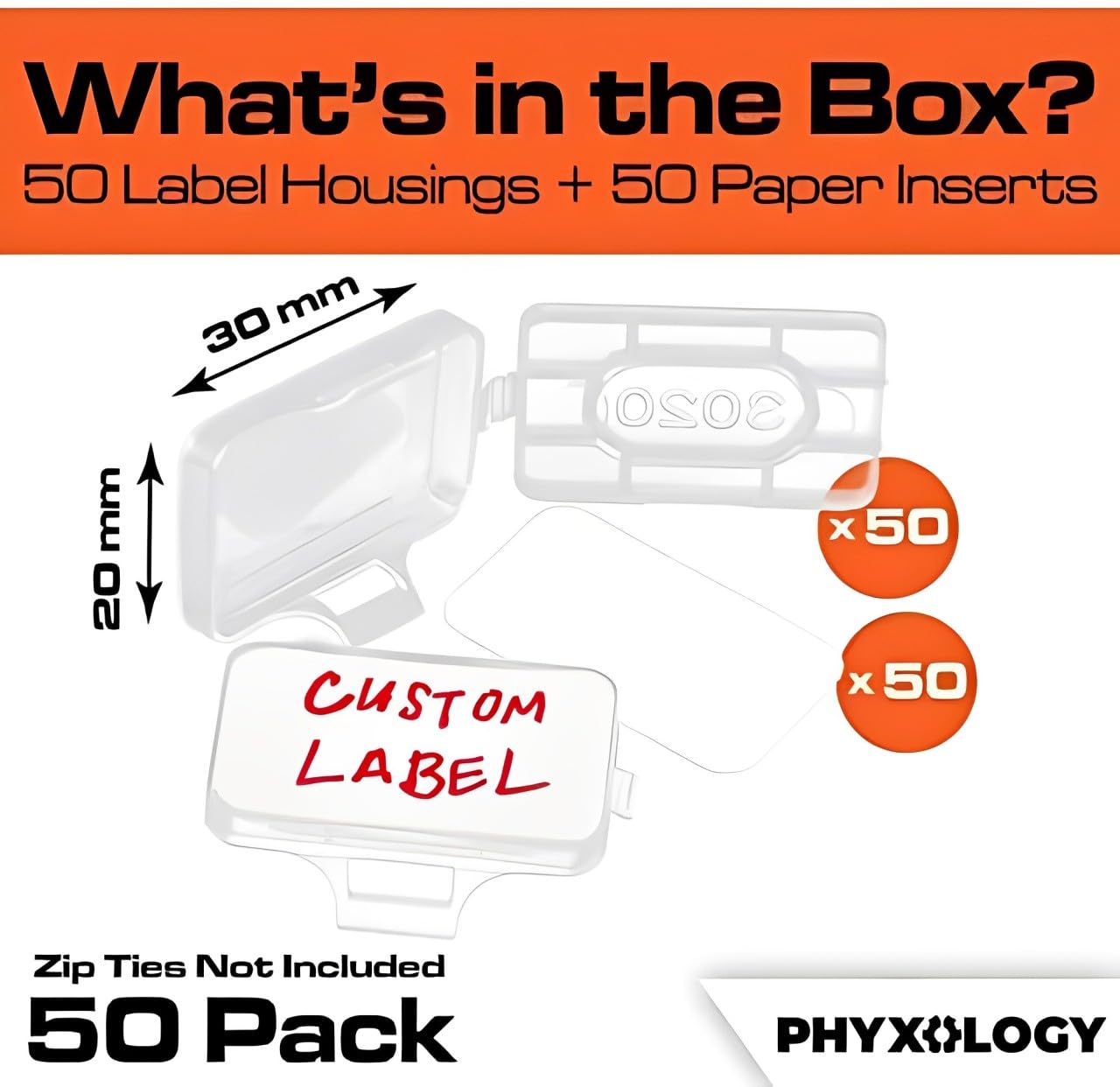 Heavy Duty Zip Tie Labels for Cables and Cords, 50Pk. Durable, Protective Box Attaches to Zip Ties for Cord and Cable Organization. Best Reusable Wire