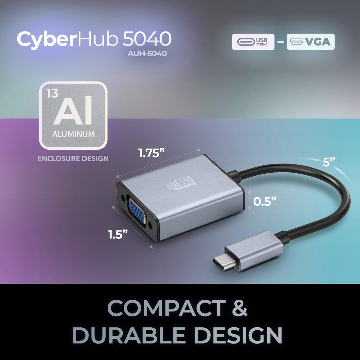 Adesso USB C to VGA Adapter, Aluminum, Thunderbolt 3/4 to VGA Adapter Compatible with iPhone 15 Pro/Max, MacBook Pro/Air 2023, iPad Pro, iMac, S23