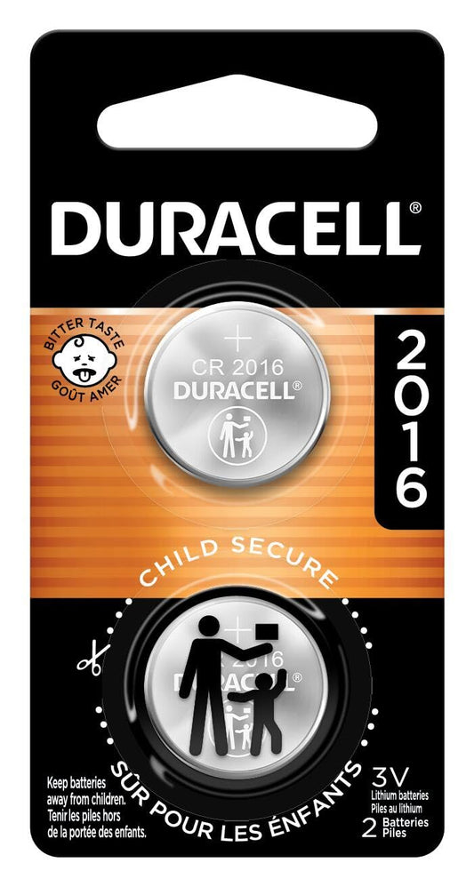 Duracell CR2016 3V Lithium Battery, Child Safety Features, 2 Count (Pack of 1), Lithium Coin Battery for Key Fob, Car Remote, 3 Volt Cell