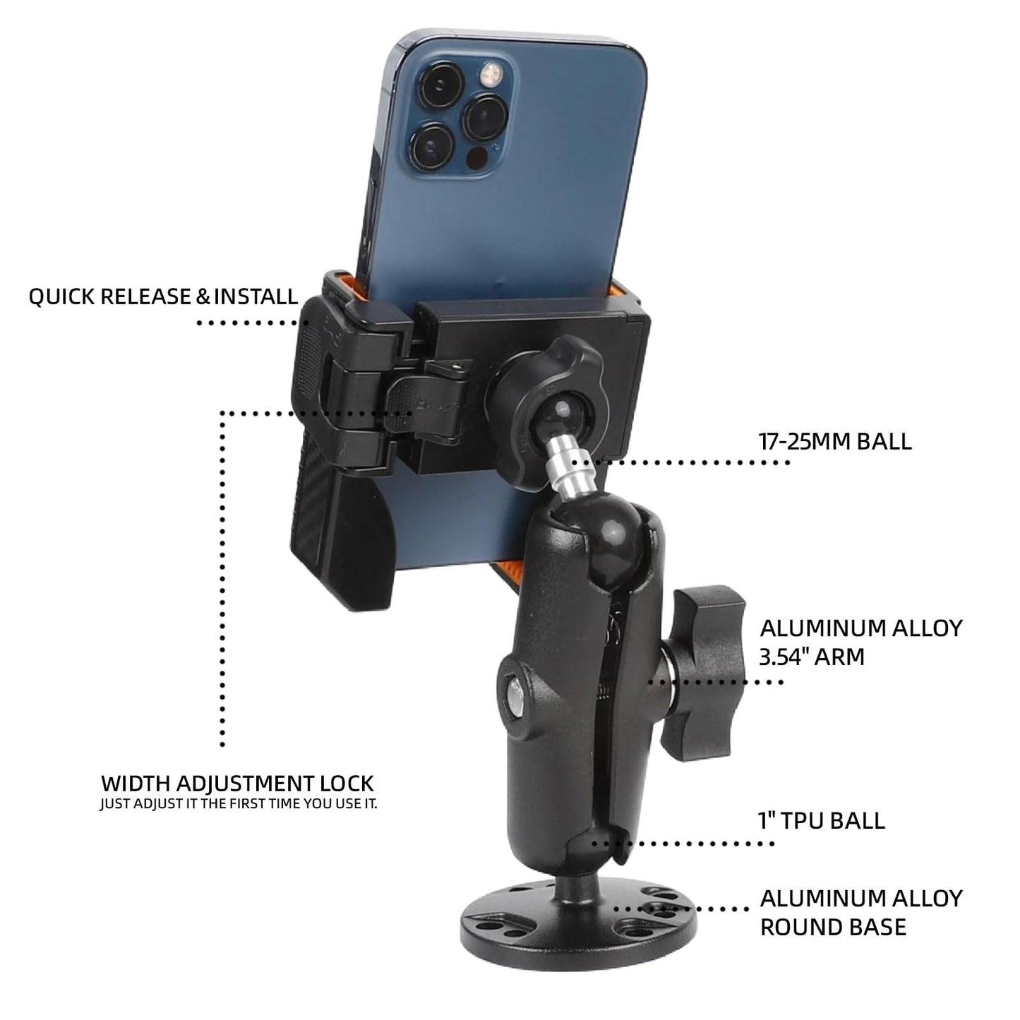 xik Phone Mount Holder for Boat Kayak Car Truck UTV - Round AMPS Base, [1s Lock & Release][360° Adjustable], Fits 4.7"-7.2" Phones, Heavy Duty, Wall