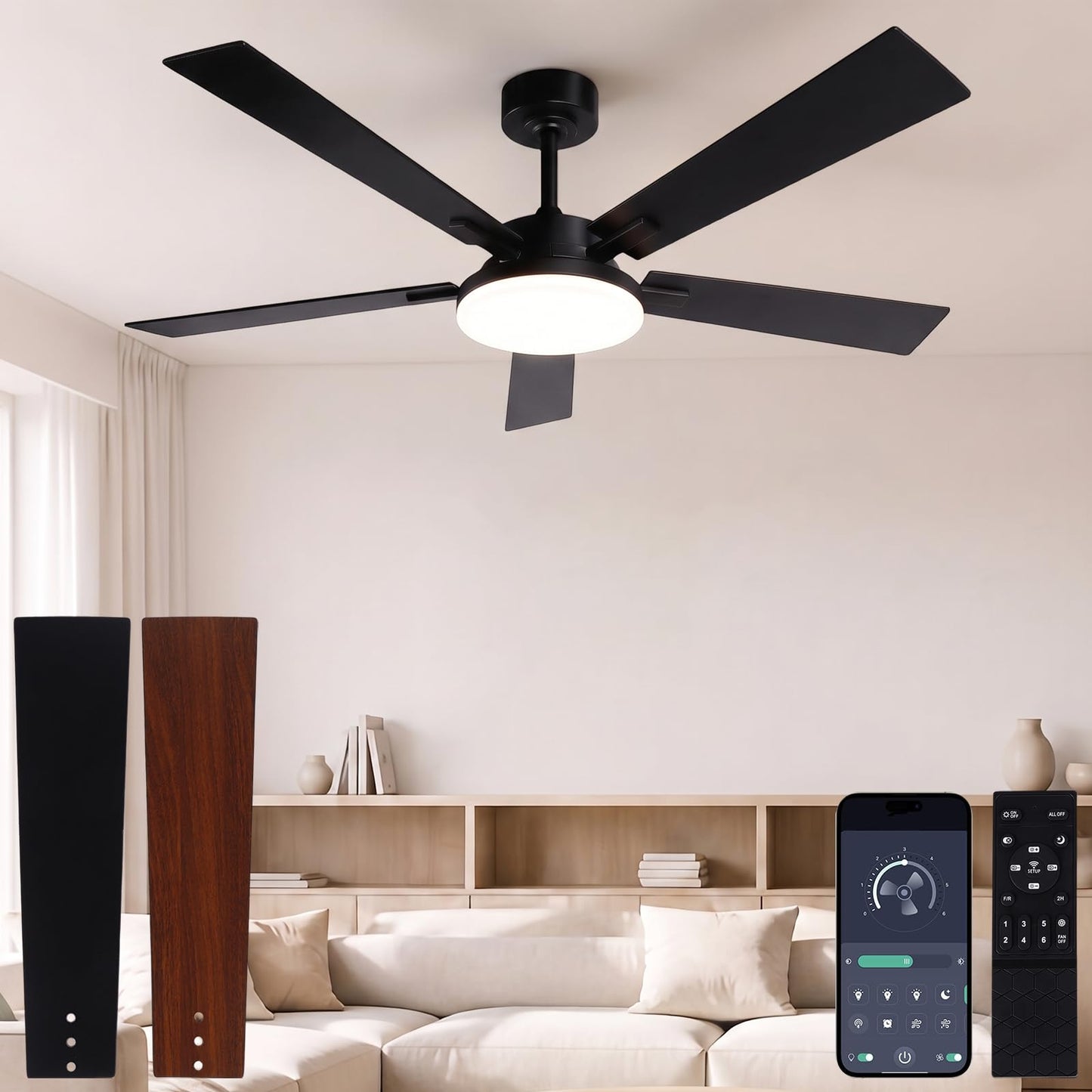 GLOVAO 52" Wood Ceiling Fan with Light, Black/Walnut