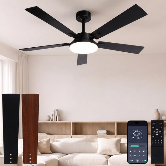 GLOVAO 52" Wood Ceiling Fan with Light, Black/Walnut