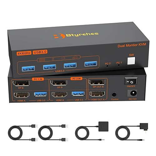 4K Kvm Switch 2 Monitors 2 Computers 4K@60Hz HDMI Displayport Dual Monitor KVM Switches 2 Ports for 2 PC Share Mouse Keyboard and 2 Screens with USB
