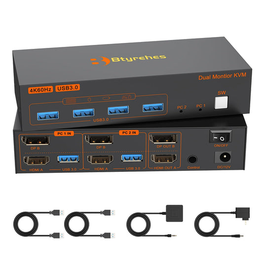 4K Kvm Switch 2 Monitors 2 Computers 4K@60Hz HDMI Displayport Dual Monitor KVM Switches 2 Ports for 2 PC Share Mouse Keyboard and 2 Screens with USB
