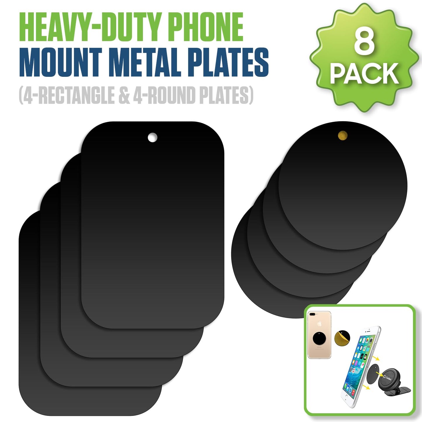 Cellet 8 Pack Metal Plates for Magnetic Car Phone Mount - 4 Round + 4 Rectangular with Strong 3M Adhesive & Protective Film - Compatible with iPhone