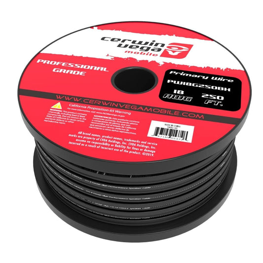 Cerwin Vega 18 Gauge Frost Black Primary Wire for Car Audio Systems, 250ft Oxygen-Free Copper Power Wire, Durable & Flexible Car Accessories, Ideal for Audio Installations PW18G250BK