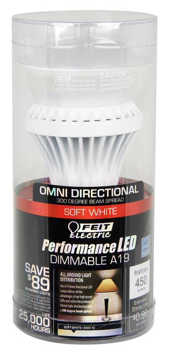 Feit Electric A19/OM450/LED LED Bulb, E26, 7.5W (40W Equiv.) - Dimmable - 3000K - 450 Lm.