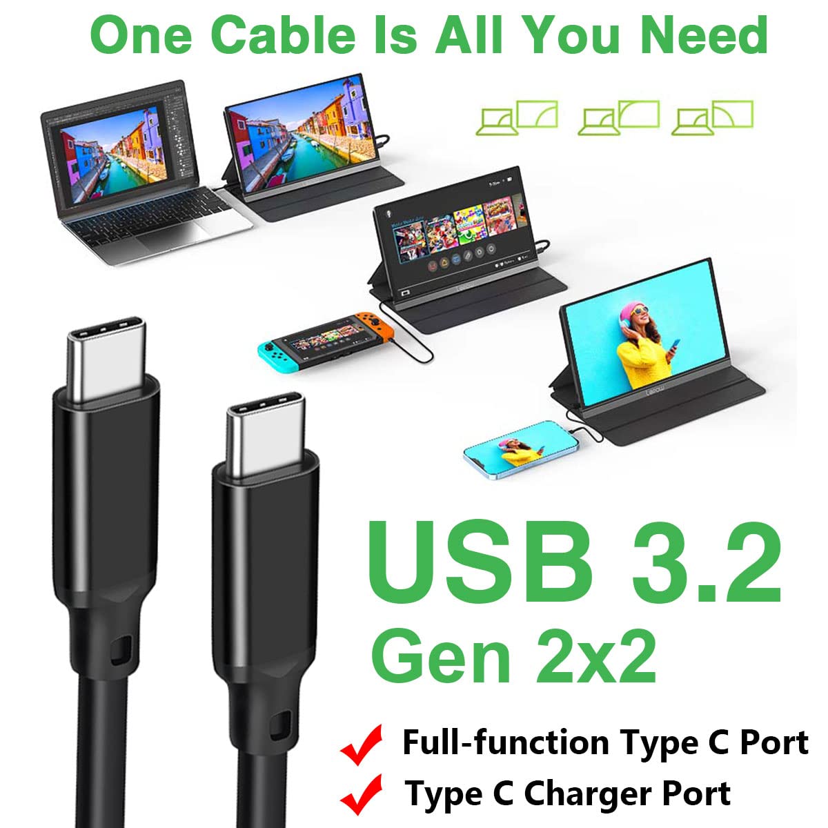 240W USB 3.2 Gen 2X2 Display Monitor Link Data Transfer Video Cable for Lepow Z1 15.6 In, InnoView, ASUS ZenScreen, KYY, Cocopar, Arzopa, AOC