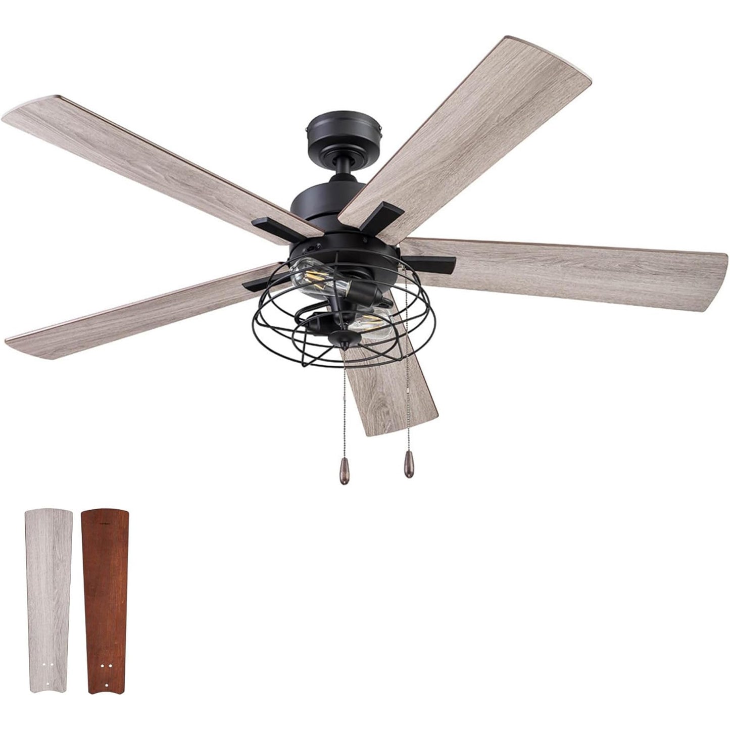 Prominence Home Marshall 52 Inch Industrial Style LED Ceiling Fan with Light, Pull Chain, 3 Mounting Options, Dual Finish Blades, Reversible, Black