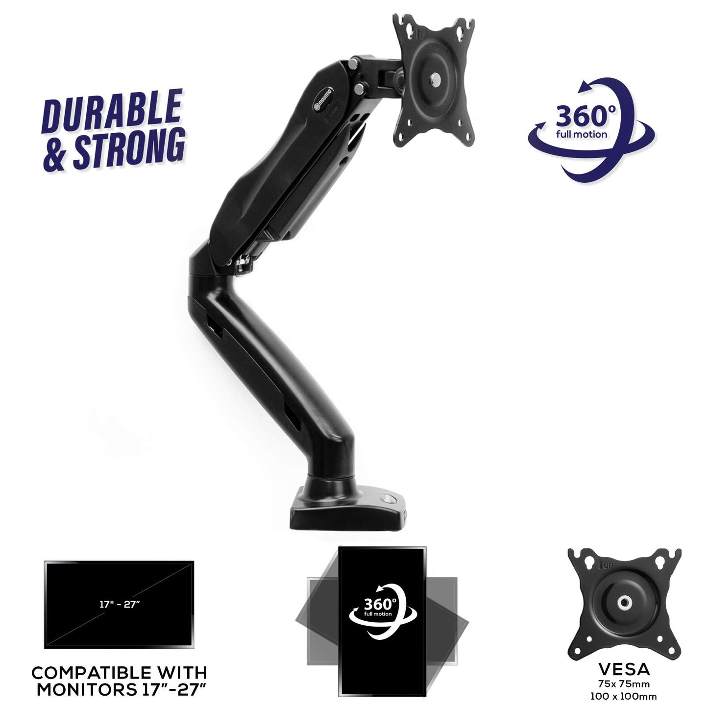 Mountio Full Motion LCD Monitor Arm - Gas Spring Desk Mount Stand for Screens up to 27"