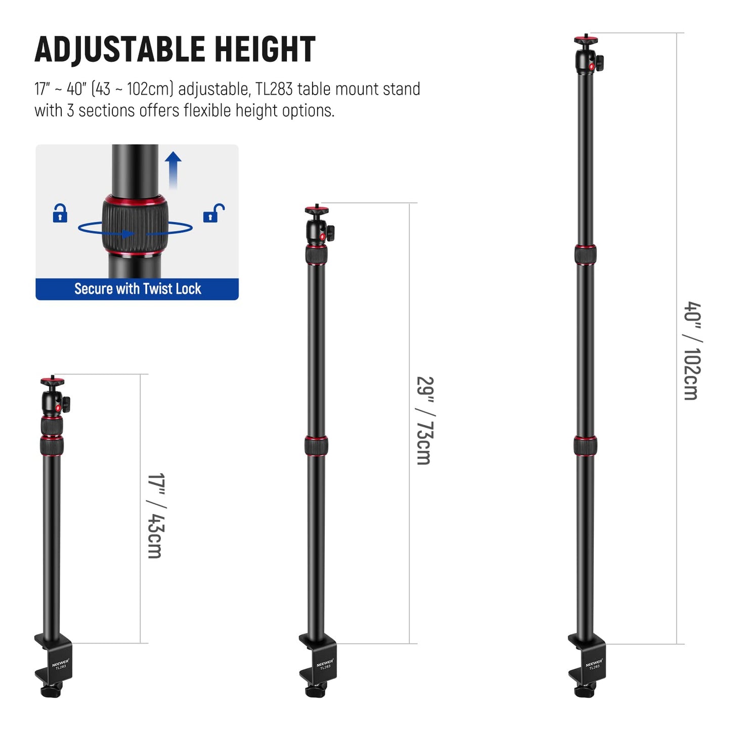 NEEWER Extendable Camera Desk Mount with Ball Head, 17"-40" Adjustable Table Light Stand with 1/4" Screw & C Clamp for DSLR Camera, Ring Light, Live