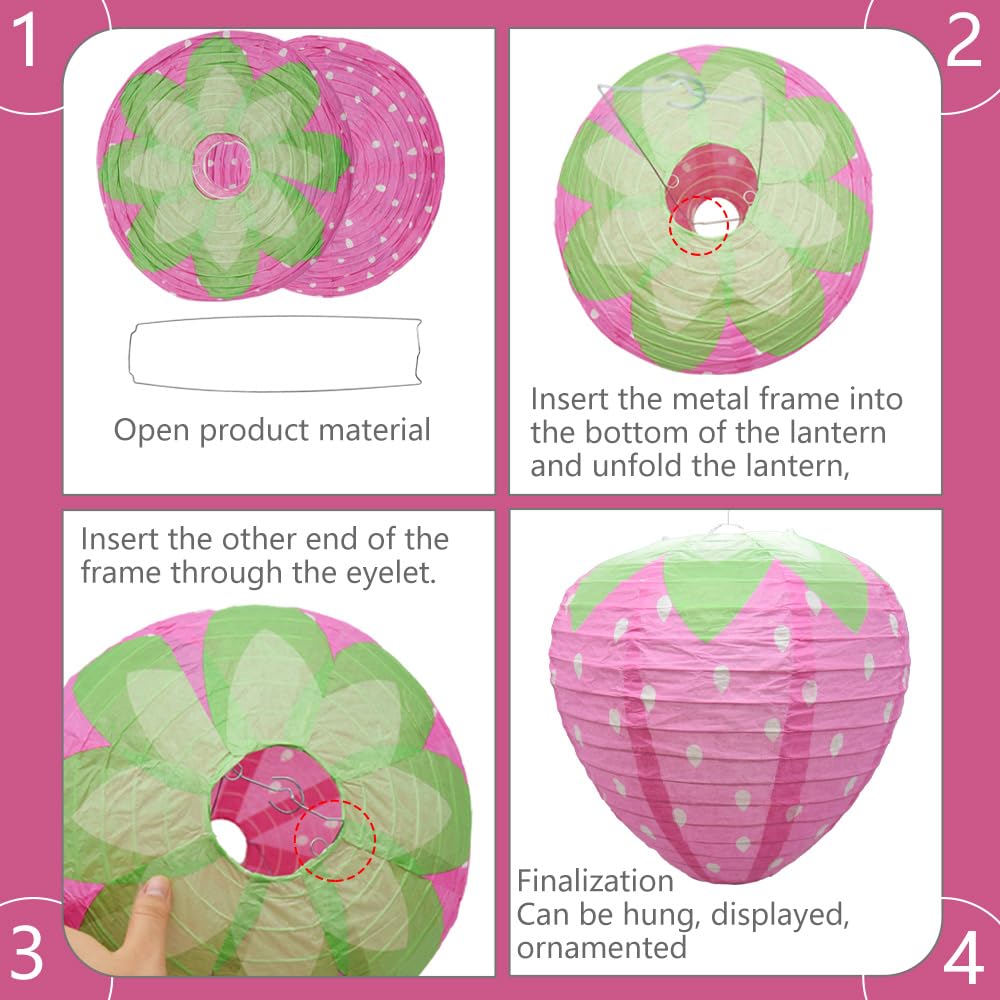Hocansen 4 PCS Strawberry Paper Lanterns 8in 12in 3D Strawberry Hanging Decoration Strawberrys Shaped Paper Lanterns Fruit Hanging Ornaments