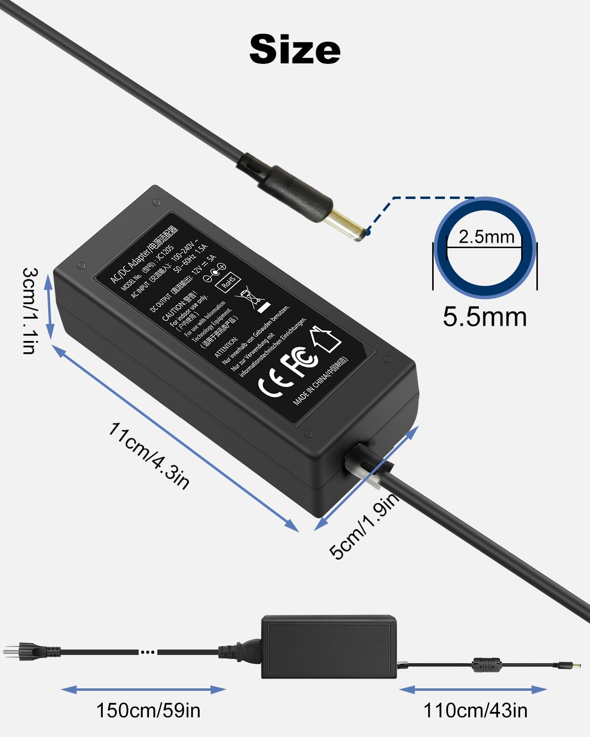 12V 5A Power Supply Adapter 60W AC Adapter 100-240V 50-60Hz to DC 12 Volt 5 Amp Cord with 【5.5mm x 2.5mm Barrel Plug】, 12VDC AC/DC Switching…