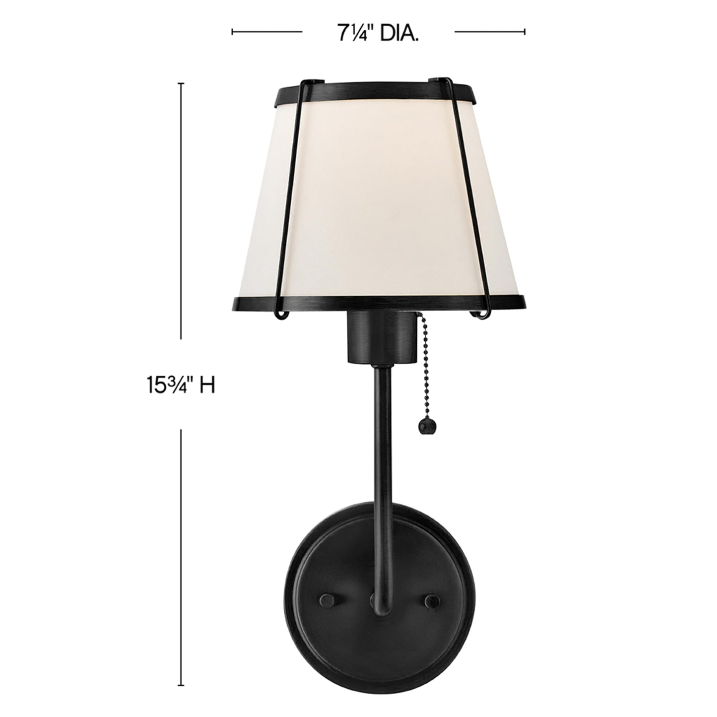 Hinkley Clarke Single Light Wall Sconce, Off-White Linen Tapered Shade, Traditional, On/Off Pull Chain, Black Finish
