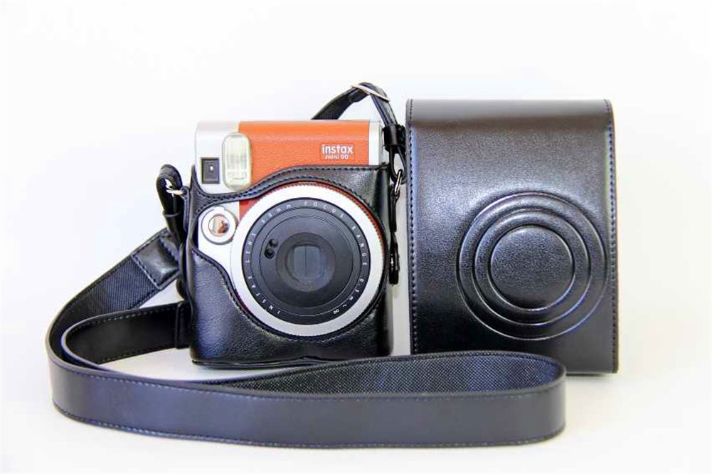 Fuji Mini 90 case, BolinUS Handmade PU Leather FullBody Camera Case Bag Cover for Fujifilm Instax Mini 90 with Neck Strap Battery Bag -Black