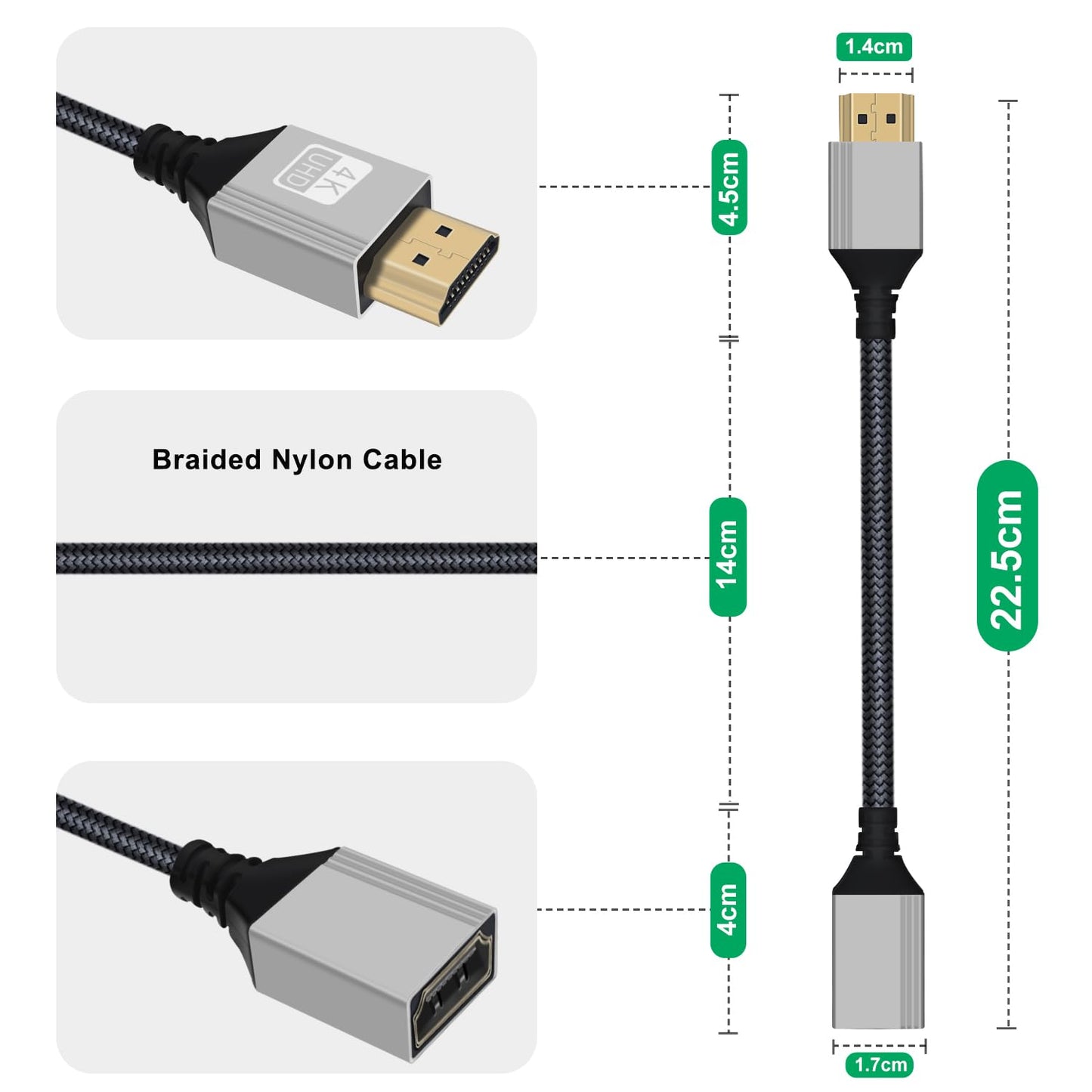 HuaLiSiJi HDMI Extension Cable HDMI Male to Female Cable 4K 60Hz 18Gbps UHD High Speed Nylon Braided Lead Support 3D, ARC, Ethernet for Computers, Blu