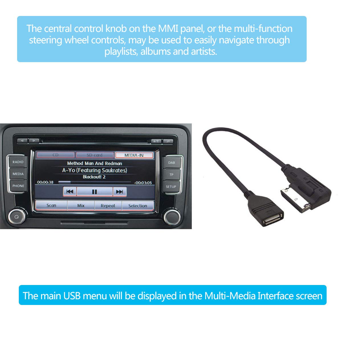 ELONN Music Interface Audio USB Adapter Cable,MMI/MDI/AMI to USB Cord Compatible with Audi, Volkswagen, Mercedes-Benz, Not for iPhones
