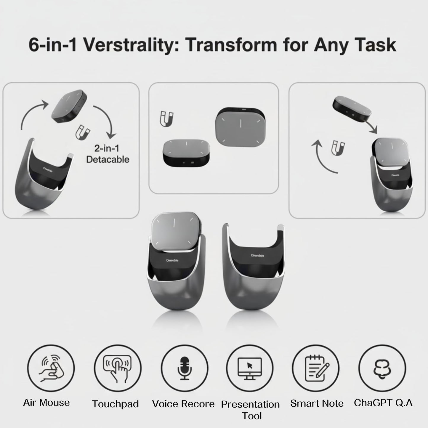 OIKKEI Wireless Productivity Mouse for Meetings & Presentations, Detachable Air Mouse with Recording, Transcription & Meeting Summaries, Bluetooth