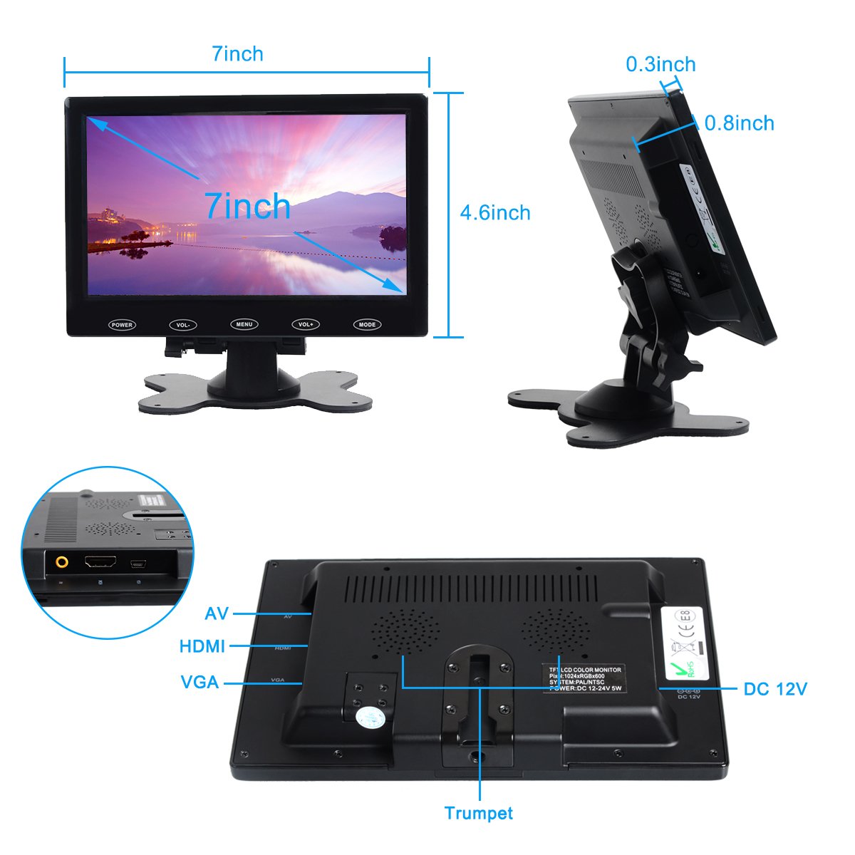 CAMWORLD 7 inch HD Security Monitor - Small Monitor 1024x600 IPS Screen with AV, VGA, HDMI Input - Remote Control - for PC/TV/Camera/Raspberry PI