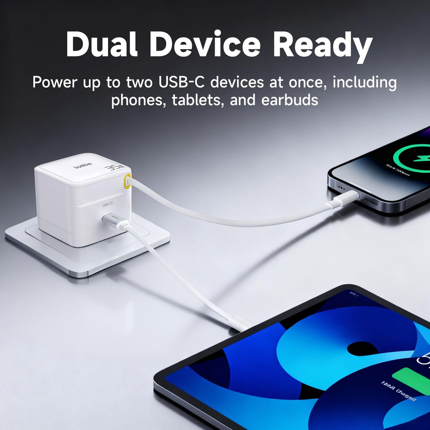 Basix by iOttie 35W GaN Wall Charger with Built-in Retractable USB-C Cable and Extra USB-C Port, Dual Device Fast Charging, Compact Travel Charger