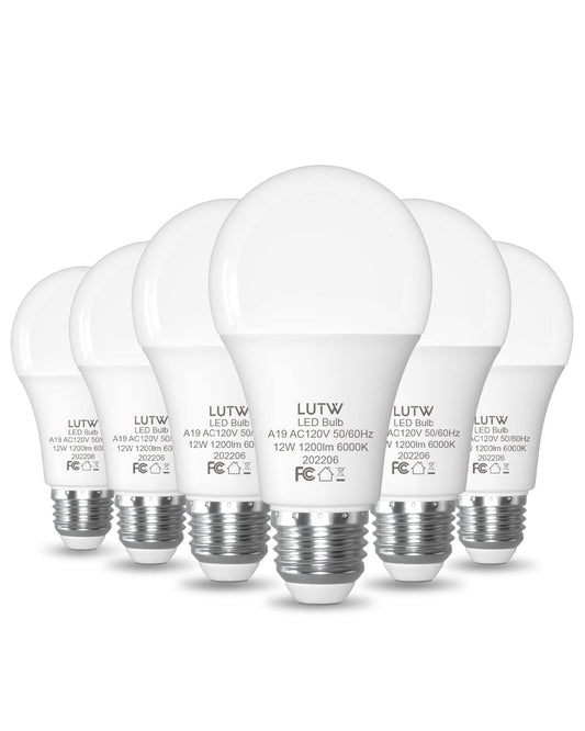 LUTW A19 E26 LED Bulbs, 100W Eqv, 12W, 6000K, Non-Dimmable, 6 Pack