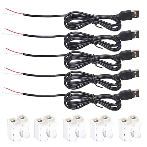 ELNONE 5pcs USB 2 Wire Pigtail Cable 1A 5V 1M 3.3ft Black 28AWG USB A Male Power Cable Plug Cord Connectors with Quick Wire Cable Connector