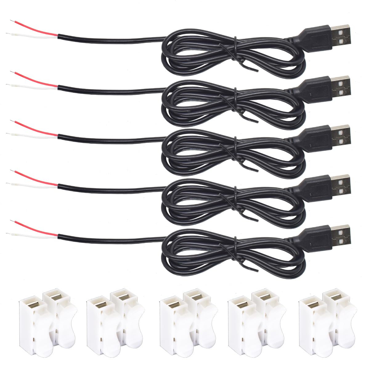 ELNONE 5pcs USB 2 Wire Pigtail Cable 1A 5V 1M 3.3ft Black 28AWG USB A Male Power Cable Plug Cord Connectors with Quick Wire Cable Connector
