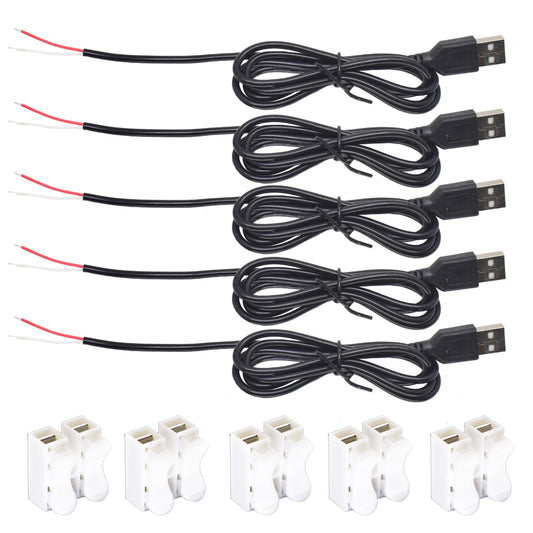 ELNONE 5pcs USB 2 Wire Pigtail Cable 1A 5V 1M 3.3ft Black 28AWG USB A Male Power Cable Plug Cord Connectors with Quick Wire Cable Connector