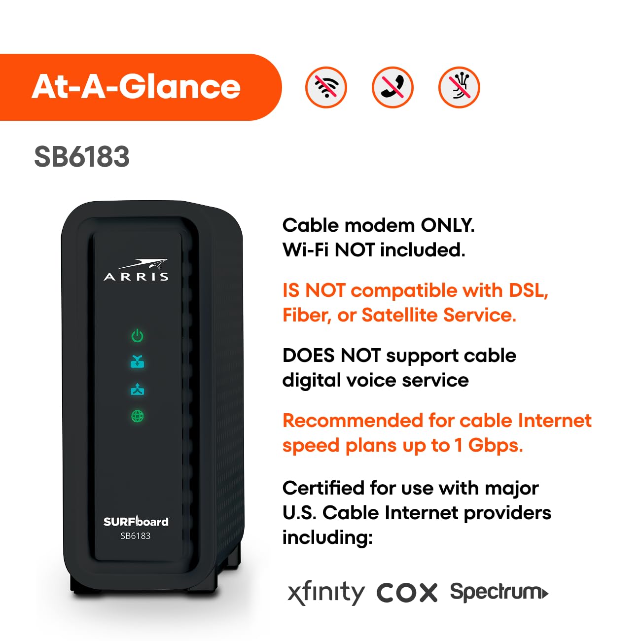 ARRIS (SB6183) -Cable Modem - Fast DOCSIS 3.0 16x4 Gigabit, [Check with your provider for compatibility], 1 Gbps Port, 400 Mbps Max Internet Speed, 2