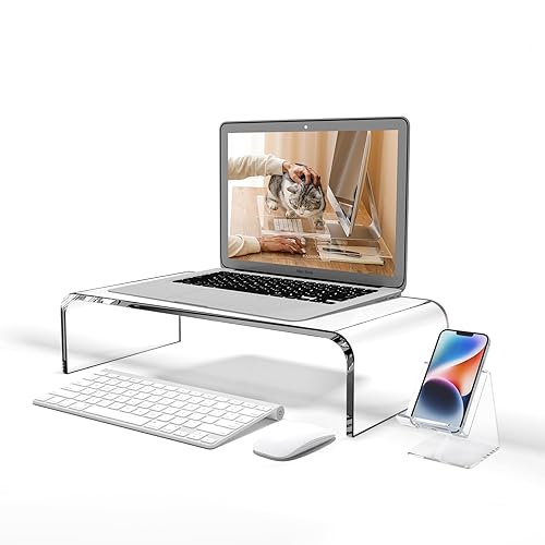 KMANDLU Premium Acrylic Monitor Stand | Clear Laptop Riser for Desk, Office and Home | Computer Stand for TV, Printer, and More | 16" L x 8" W x 4" H