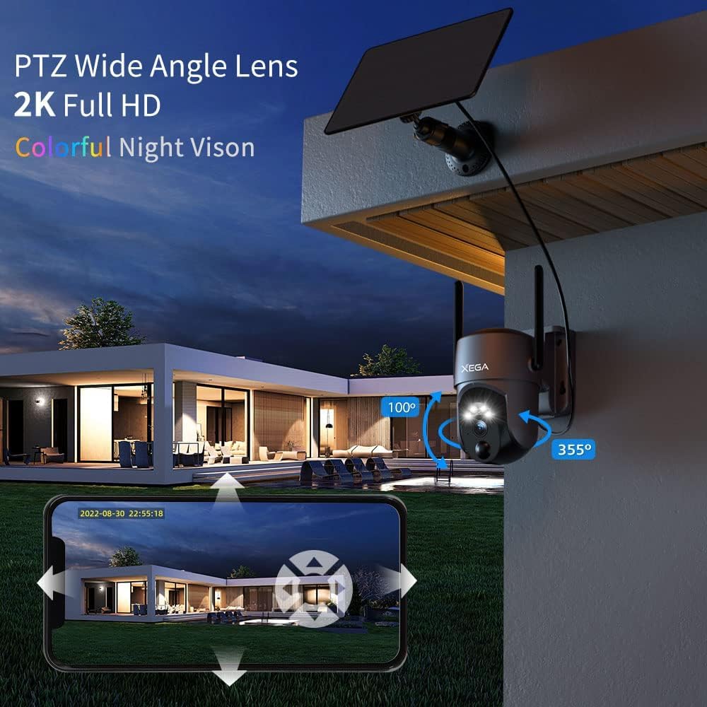 Xega Security Camera Wireless Outdoor 2K 360° PTZ Camera Solar Security Cameras 2.4G WiFi Video Surveillance w/Spotlight & Siren, Color Night Vision