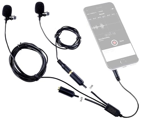 Movo Professional Lavalier Lapel Clip-on Interview Podcast Microphone with Secondary Mic and Headphone Monitoring Input for iPhone, iPad, Samsung