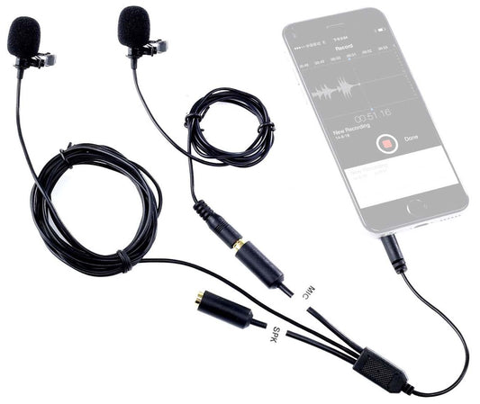Movo Professional Lavalier Lapel Clip-on Interview Podcast Microphone with Secondary Mic and Headphone Monitoring Input for iPhone, iPad, Samsung