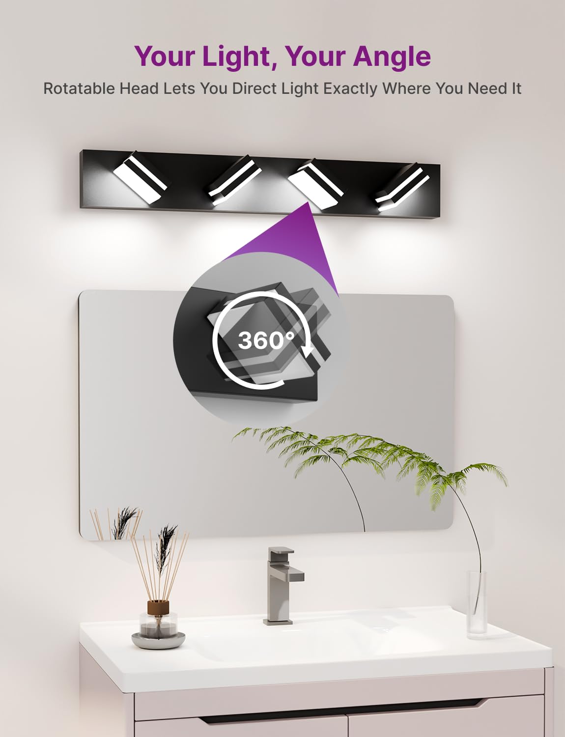 Likelgn Modern Bathroom Vanity Light, Bathroom Lighting Fixtures Over Mirror, Dimmable LED Vanity Light with Rotating Light Heads, Matte Black (29"