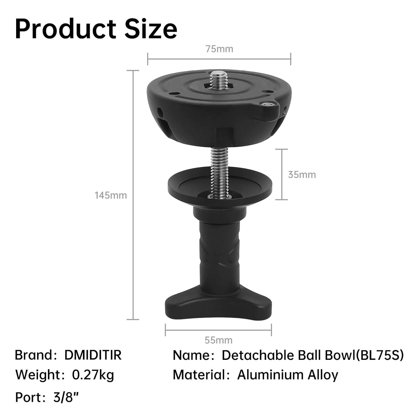 DMIDITIR 75mm Bowl Adapter with Half Ball Mount, 3/8-inch Screws, Tripod Fluid Head Converter (Shorter)