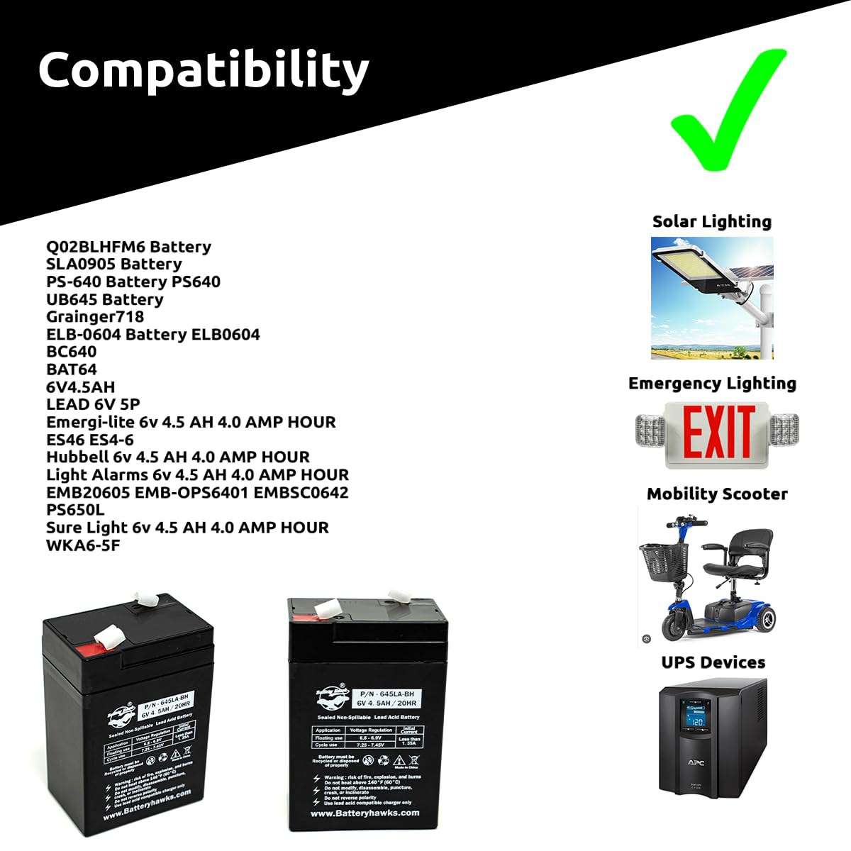 (2 Pack) 6V 4.5AH SLA Sealed Lead Acid Battery UB645 ELB-0604 Battery ELB0604 6V4.5AH for Exit Sign Emergency Light SLA0905 AH 4.0 AMP Hour 120255