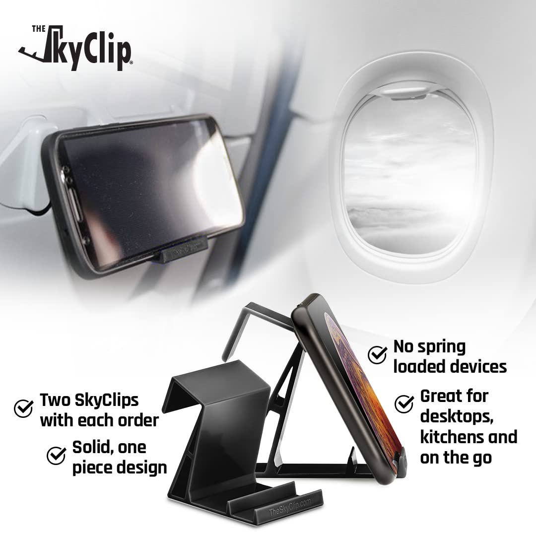 The SkyClip Airplane Cell Phone Back of Seat Inflight Tray Table Clip and Sturdy Phone Stand, Compatible with iPhone, Android, Tablets, and Readers