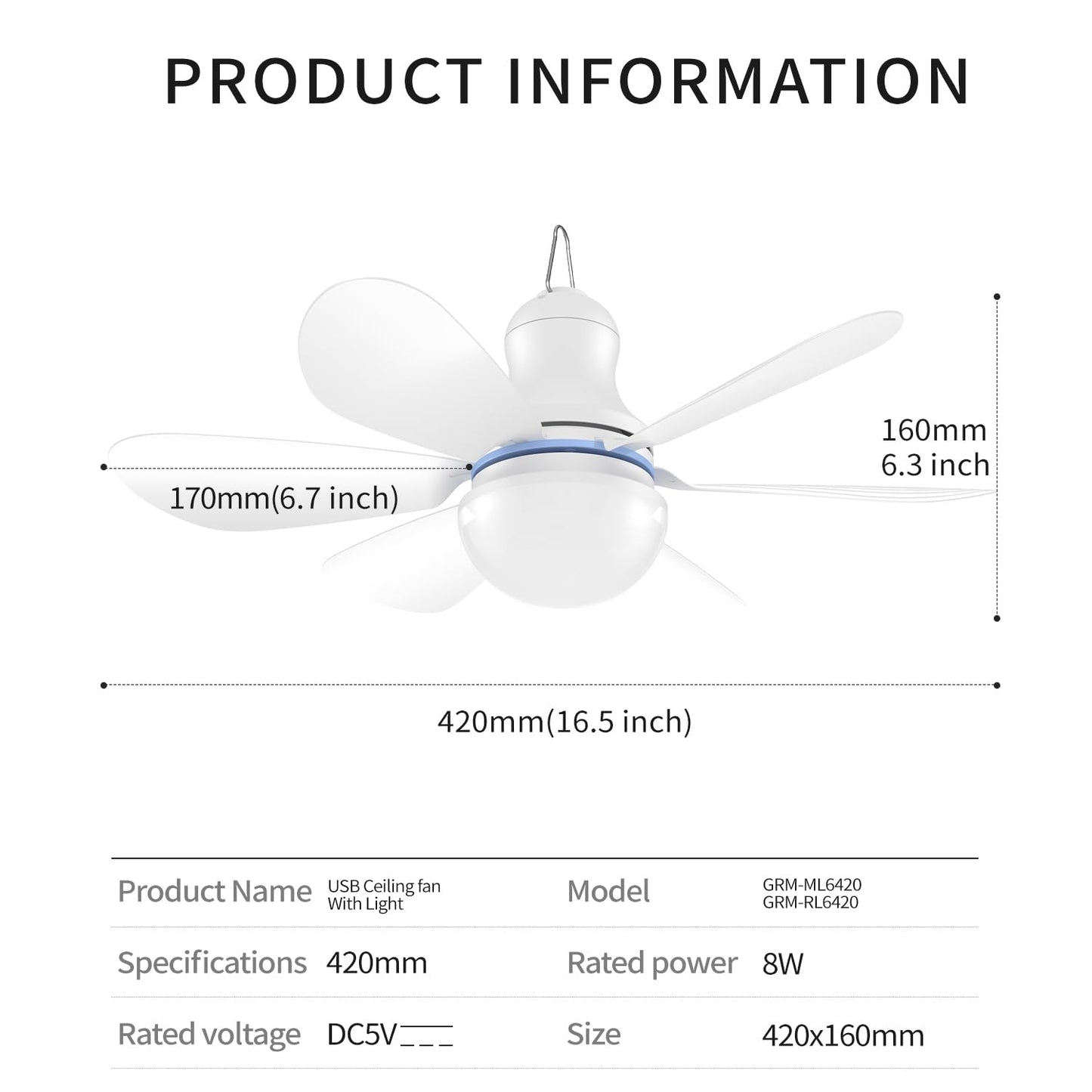 Mengnessly USB Socket Ceiling Fan With Lights,16.5",Mini Small DC 5V,Quiet,Silent,Camping Emergency Portable Outdoor Hanging Gazebo Canopy Dorm