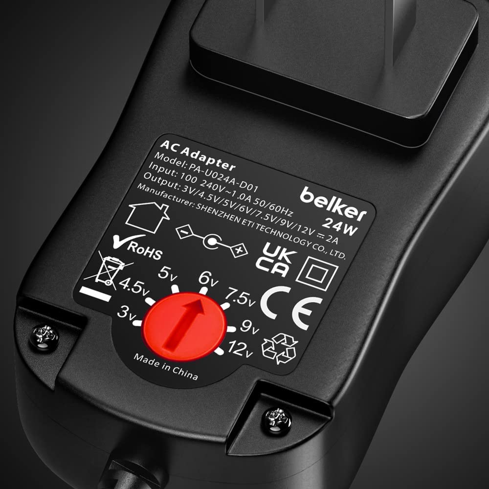 Belker 24W Universal AC/DC Adapter Multi-Voltage Regulated Switching Power Supply with 9 Selectable Adapter Plugs for 3V 4.5V 5V 6V 7.5V 9V 12V…