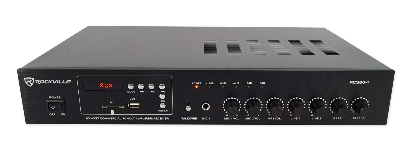 Rockville RCS80-1 60 Watt 70V/100V Commercial Amplifier/Bluetooth 5.0 Receiver, Supports 4/8/16 Ohm Speakers, USB/SD/FM/RCA/Mic, for Restaurants