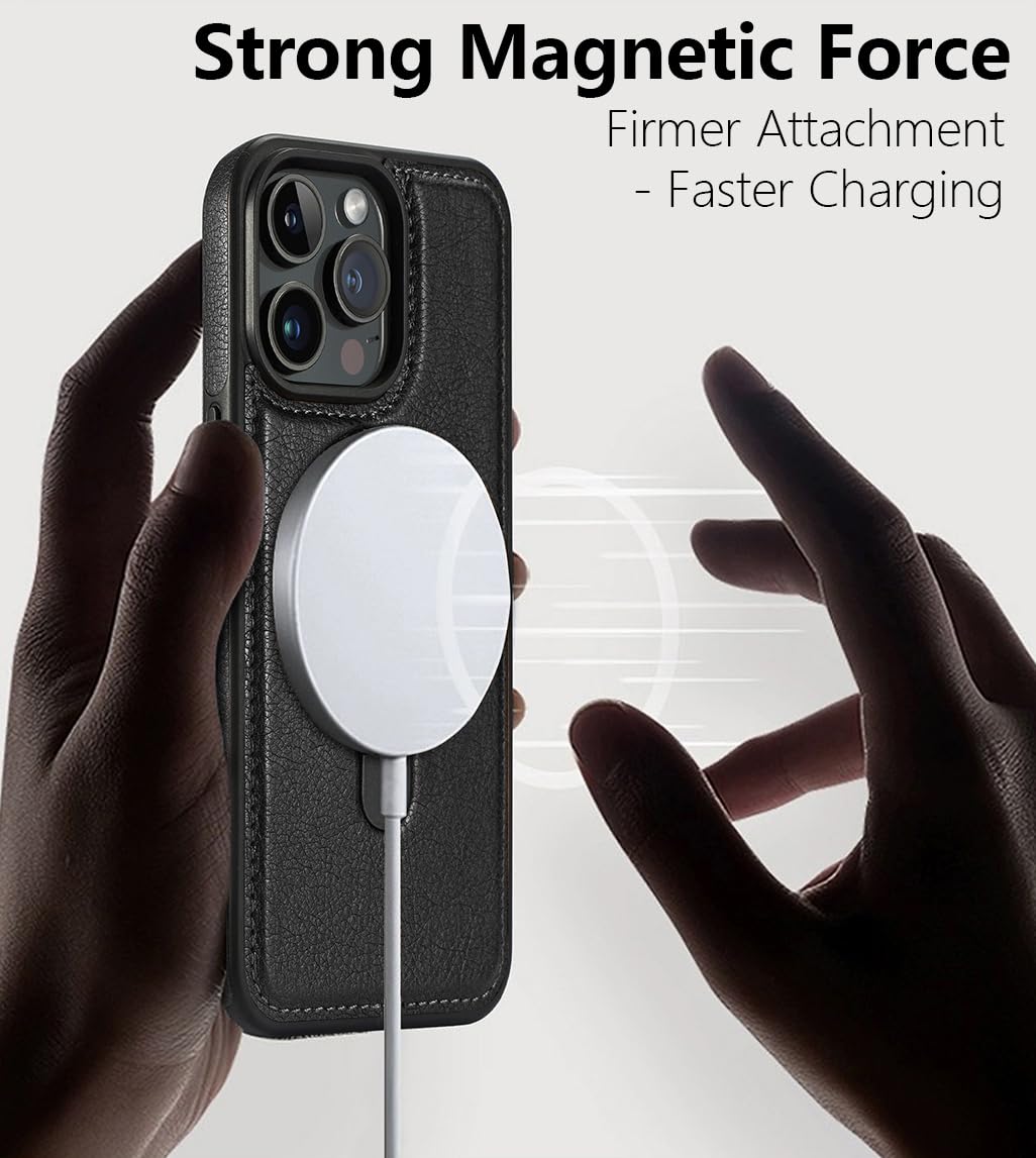 VAUSERDY Magnetic for iPhone Leather Case,Invisible Stand [Compatible with Magsafe] Slim Kickstand Phone Cove (Black, iPhone 16-6.1")