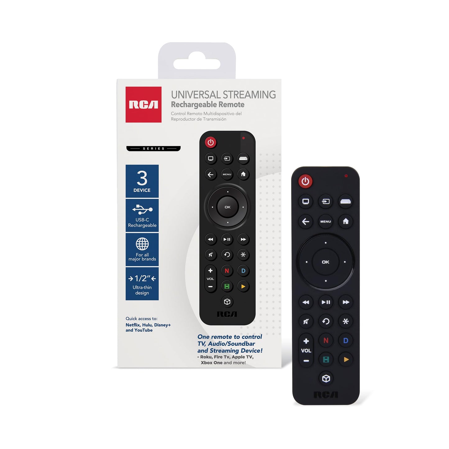 RCA Universal Streaming Remote Control, USB-C Rechargeable, 3-Device Compatible with Samsung, LG, Sony, Vizio TVs, Roku, Fire TV, Apple TV, Chromecast