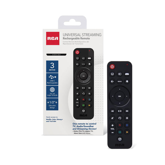 RCA Universal Streaming Remote Control, USB-C Rechargeable, 3-Device Compatible with Samsung, LG, Sony, Vizio TVs, Roku, Fire TV, Apple TV, Chromecast