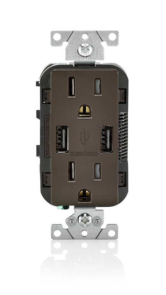 Leviton T5632-B USB Charger/Tamper-Resistant Duplex Receptacle, 15-Amp, 2-Pack, Brown