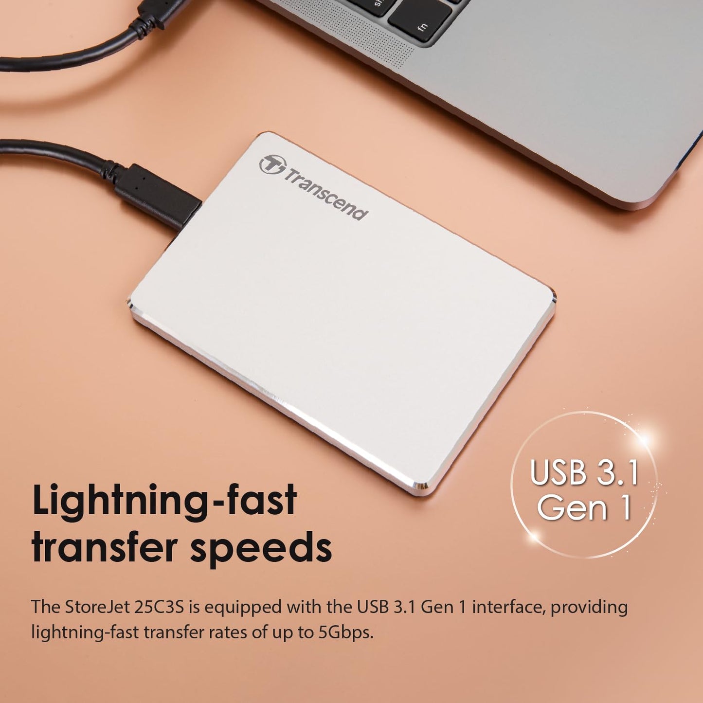 Transcend 1TB SJ25C3S, Portable External Hard Drive, Sleek Aluminum casing, Type C, Silver - TS1TSJ25C3S