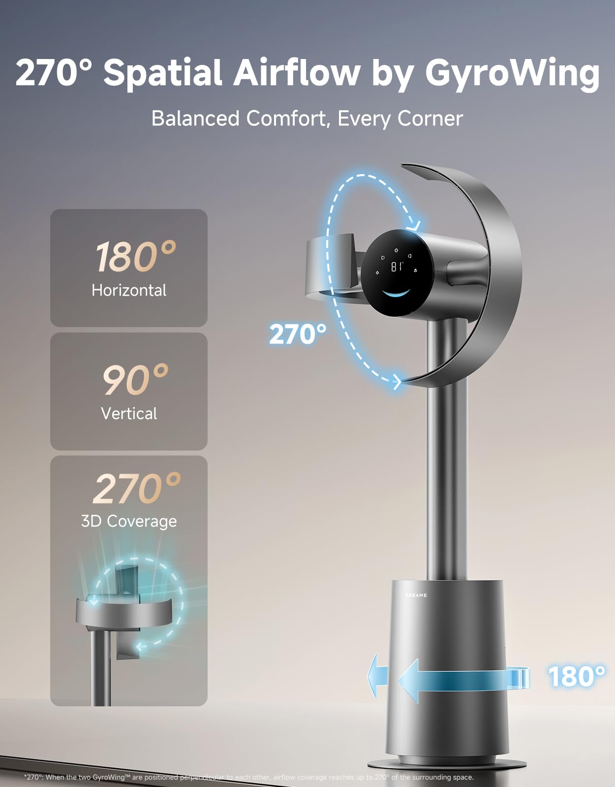 dreame Bladeless Tower Fan for Bedroom, Smart Standing Fan with 270° Spatial Airflow for Whole-Room Circulation, 59ft/s High Velocity, 10 Speeds 3