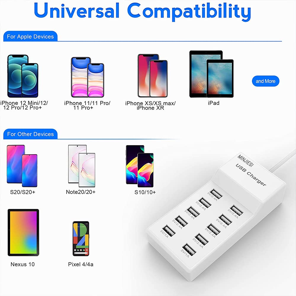 USB Charging Stations 50w10A 10 Ports Multiple Charging Block/Power USB Strip for iPhone Android Smartphone Tablet Smart Watch AirPods Samsung