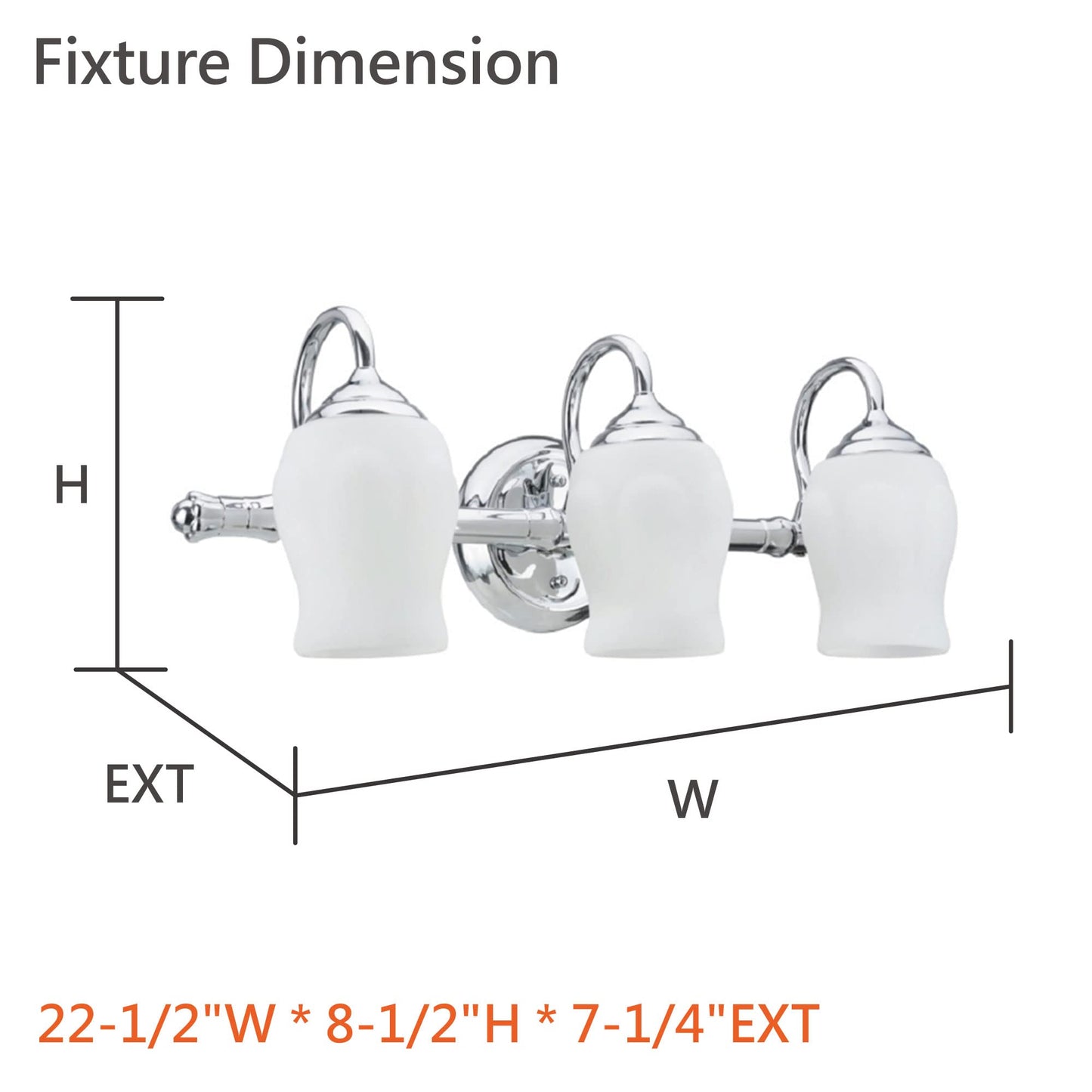 Aspen Creative 62065A, Three-Light Metal Bathroom Vanity Wall Light Fixture, 22 1/2" Wide, Transitional Design in Chrome with White Opal Glass Shade