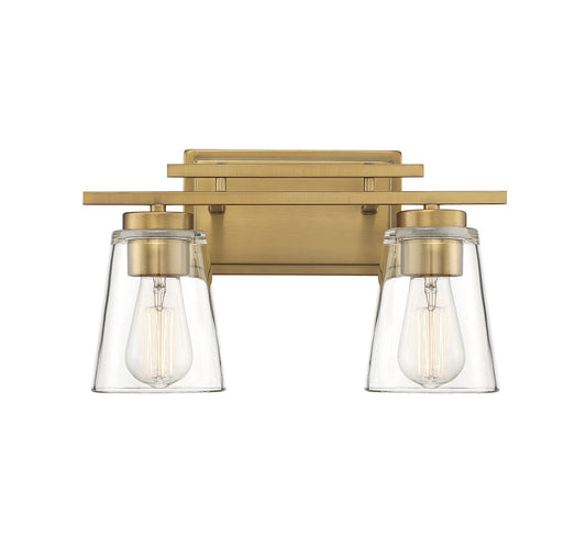 Savoy Essentials 8-1020-2-322 Calhoun Modern Clear Glass Bathroom Vanity Wall Light, 2-Light 120 Total Watts, 9" H x 15" W, Warm Brass